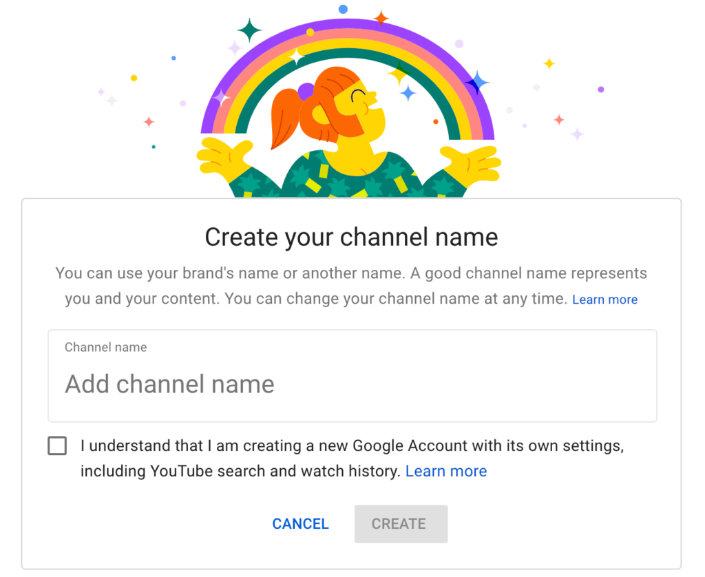 Create your channel name for your new youtube brand account