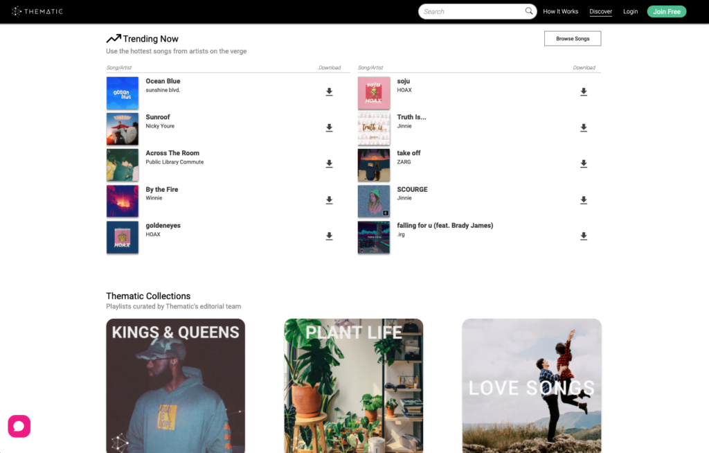 Thematic: discover songs, playlists, and music artists