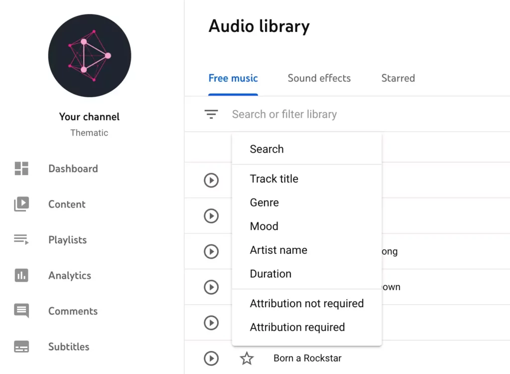 Youtube audio library song filters