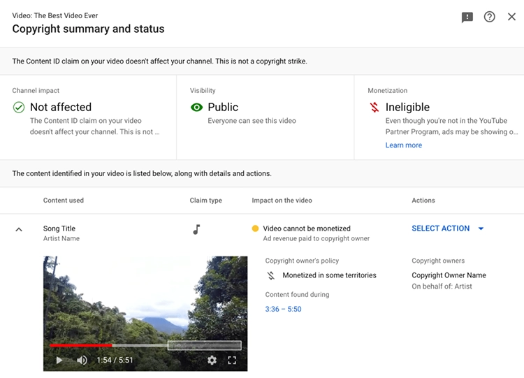 Youtube copyright claim summary and status