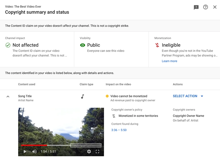 YouTube Copyright Claim Summary and Status