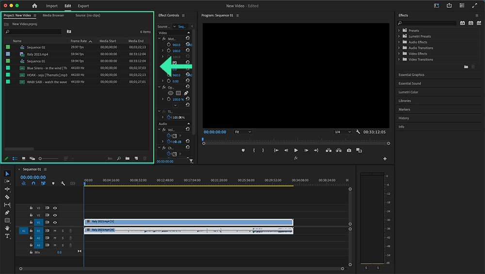 Adobe Premiere Pro: Added Songs in Project Files