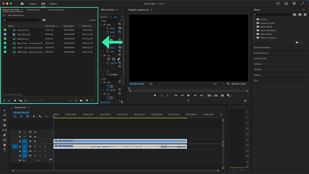 Adobe premiere pro: added songs in project files