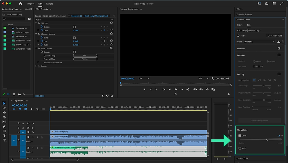 Adobe Premiere Pro: Adjust Clip Volume using Essential Sound