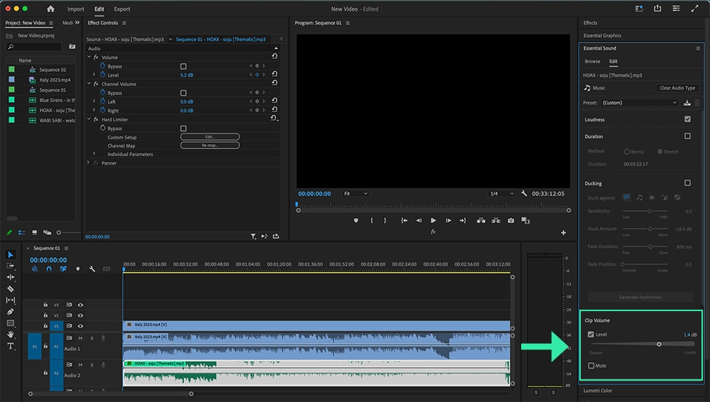 Adobe premiere pro: adjust clip volume using essential sound