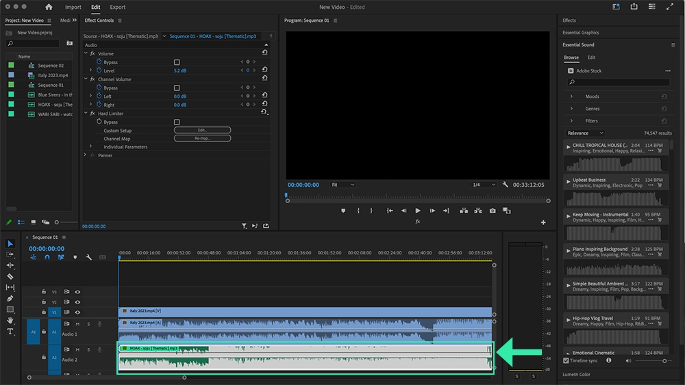 Adobe premiere pro: manually adjust song volume