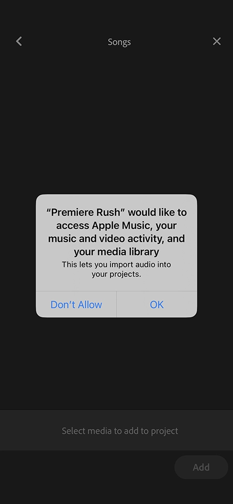 Adobe premiere rush mobile app: add songs from apple music