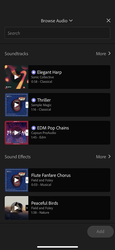 Adobe premiere rush mobile app: add music from adobe stock library