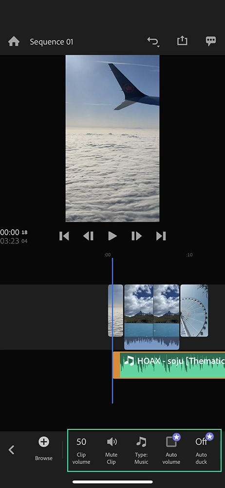 Adobe premiere rush mobile app: edit song volume and clips