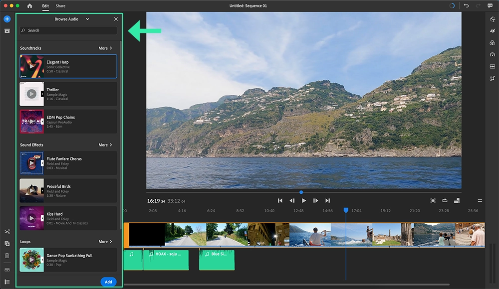Adobe Premiere Rush Desktop App: Add Songs from Adobe Stock Music Library