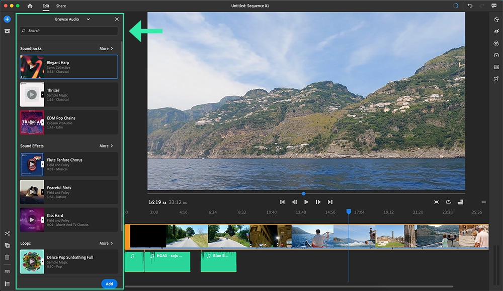 Adobe premiere rush desktop app: add songs from adobe stock music library