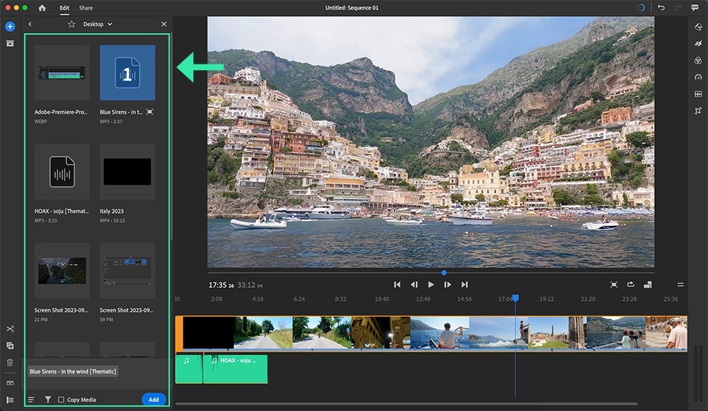 Adobe premiere rush desktop app: add songs from files