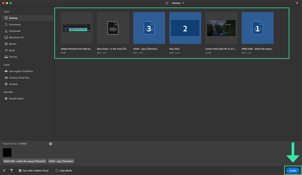 Adobe premiere rush desktop app: select video & audio files