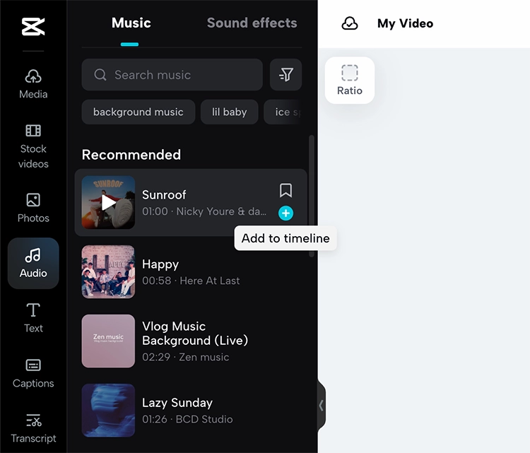 Capcut free online video editor - add song to timeline