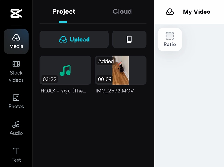 Capcut free online video editor - uploaded song files from computer