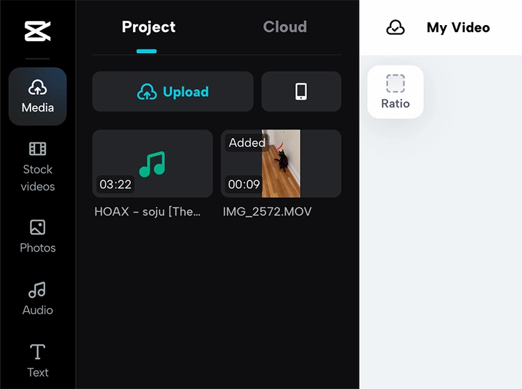 CapCut Free Online Video Editor - Uploaded Song Files from Computer