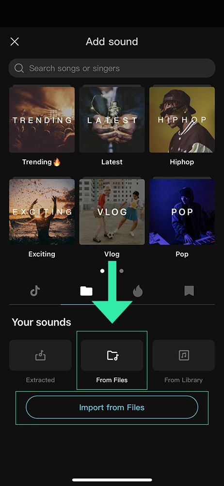 Capcut video editing app - add song from files