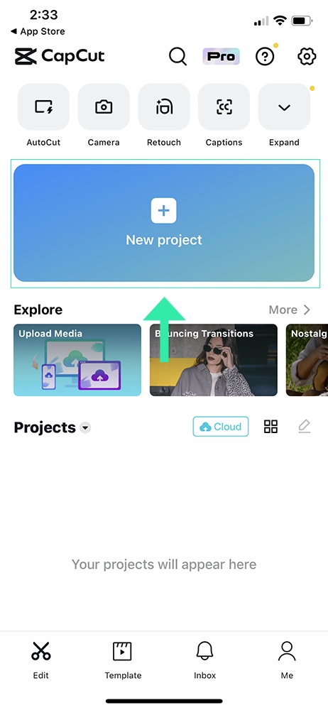Capcut video editing app - new video project