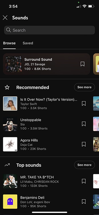 Create youtube shorts video on youtube app: browse music