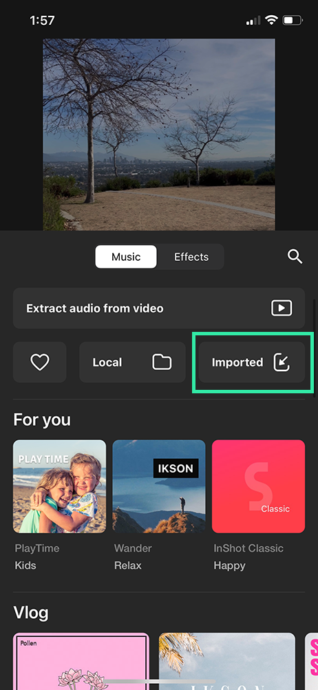 Inshot video editor - import music from files