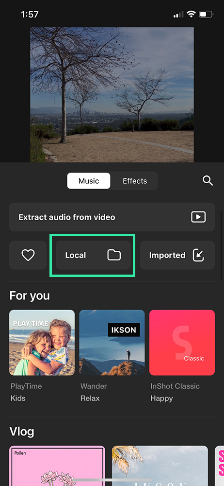 Inshot video editor - browse local music