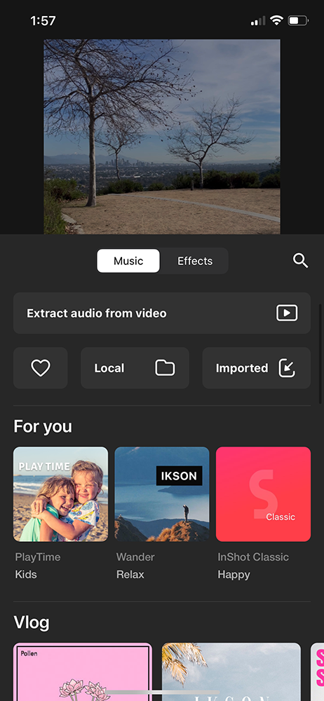 Inshot video editor - browse music