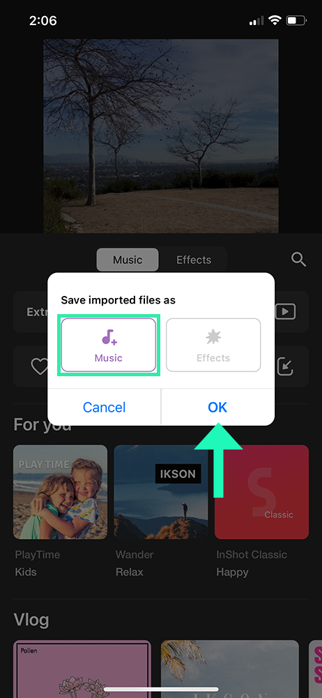 Inshot video editor - save imported files as music