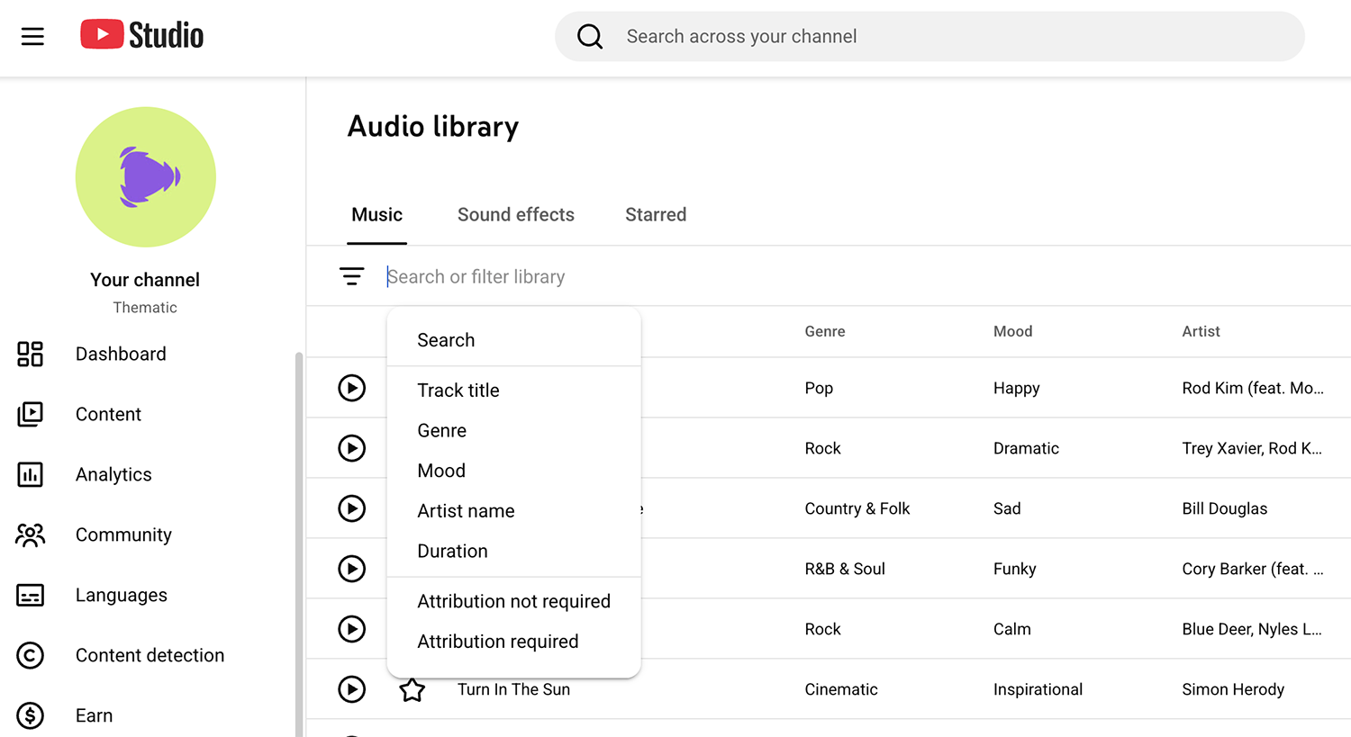 YouTube Audio Library - Song Filters