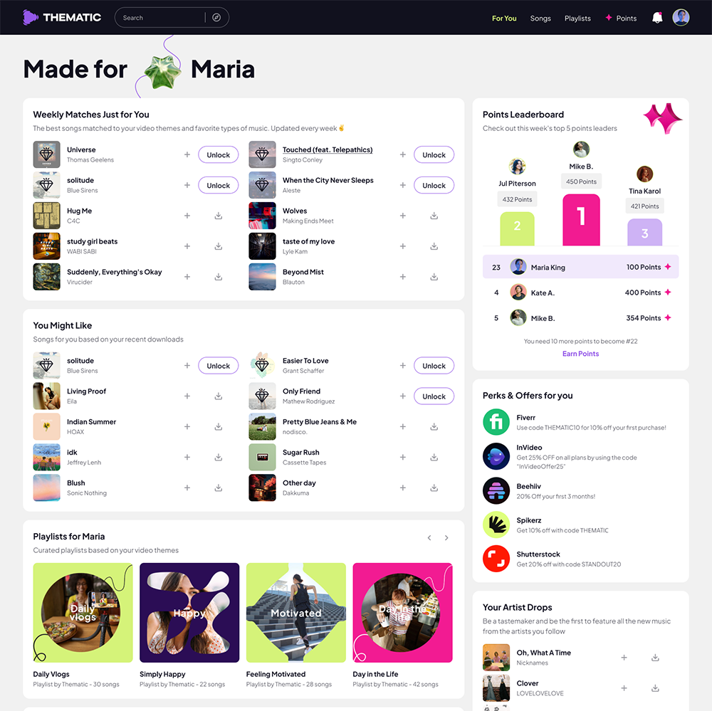 ✨ The New Thematic: Built for Creators, Powered by Community Thematic For You Page: Your personalized hub for music discovery