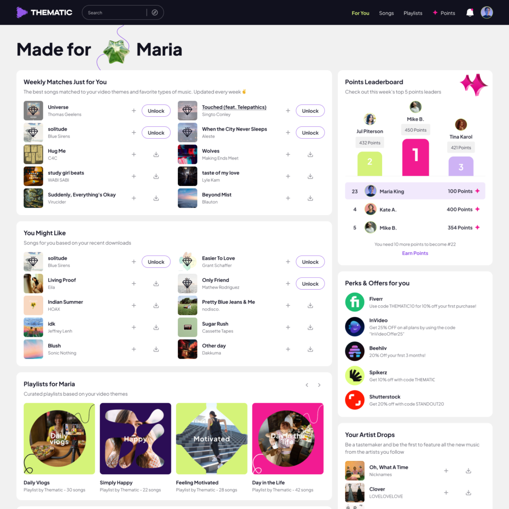 Thematic vs. Uppbeat: Which Is Better for Creators? Thematic's For You Homepage - Your personalized hub for music discovery