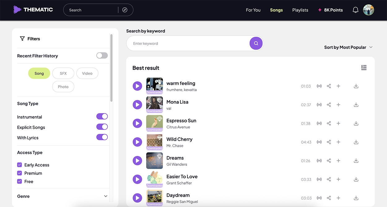 Browse free music by video theme on Thematic